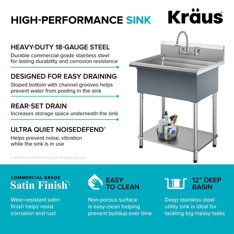 KRAUS Kore 18Gauge Workstation Stainless Steel Single Bowl Commercial Utility Laundry Sink for